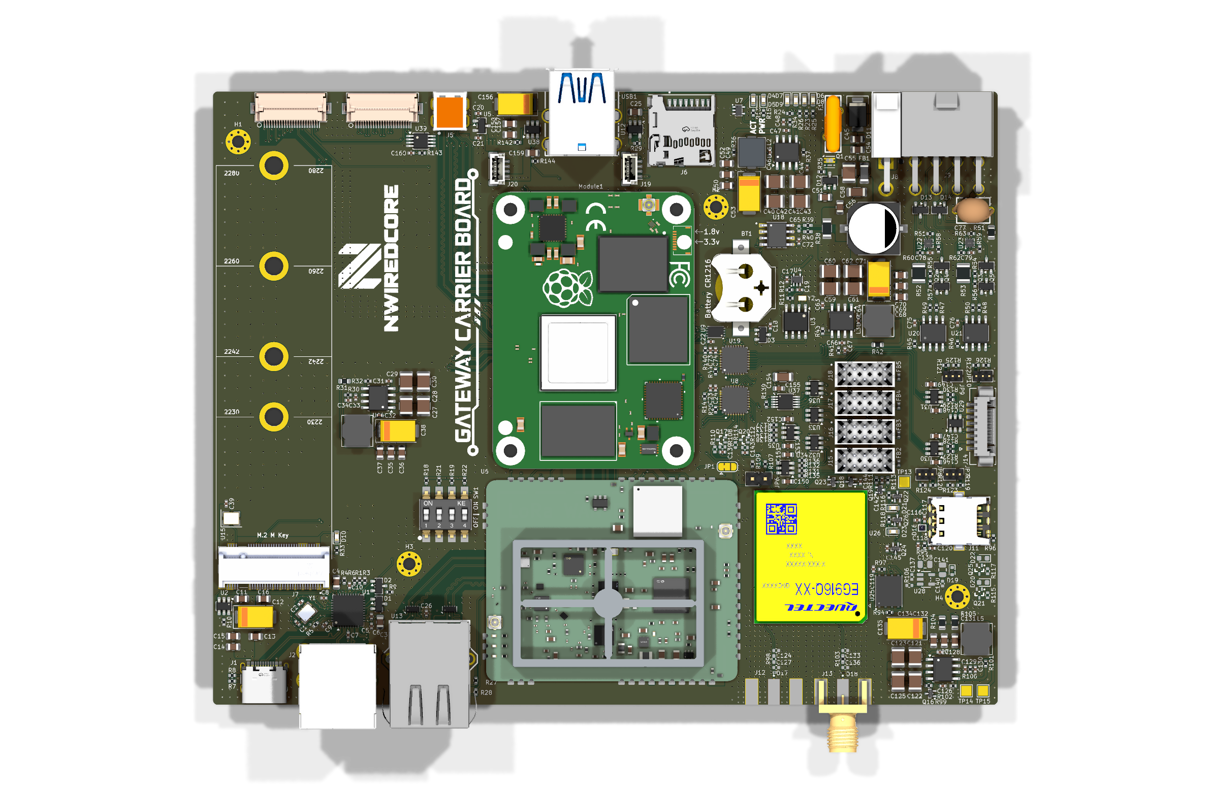 CM4 / CM5 Gateway Carrier Board — top view, shown with the optional LoRa Hub installed