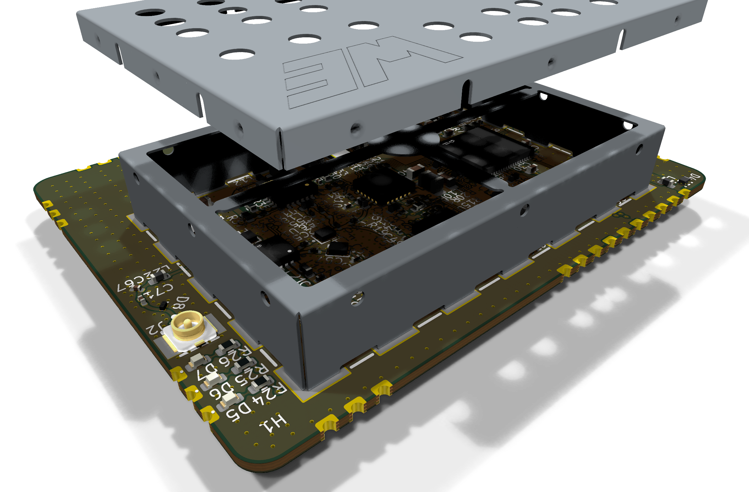LoRa Hub with RF shield lid lifted to reveal the circuitry
